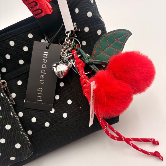 Madden Girl Polka Dot Mini Tote Bag Cherry Pouch Pom Pom Hair Clip Set Black MG - Picture 9 of 9